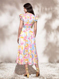 WesternStitch Round Neck Tie Ruffle Hem A Line Dress Short Sleeve Long Dress WesternStitch