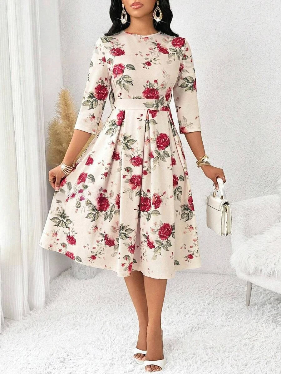 WesternStitch Women's Floral Vintage Dress Elegant Midi Evening Dress 3/4 Sleeves WesternStitch