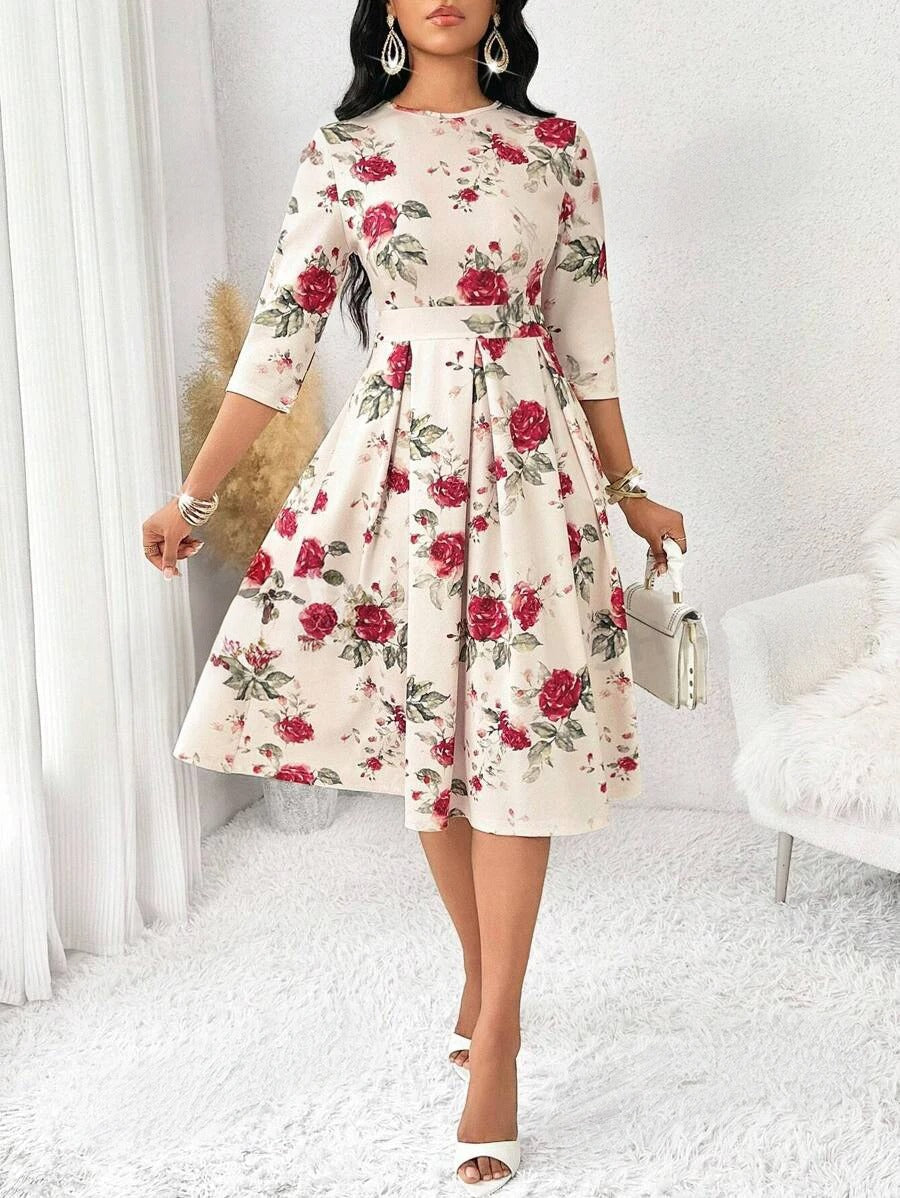 WesternStitch Women's Floral Vintage Dress Elegant Midi Evening Dress 3/4 Sleeves WesternStitch