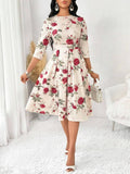 WesternStitch Women's Floral Vintage Dress Elegant Midi Evening Dress 3/4 Sleeves WesternStitch