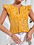 WesternStitchYellow Soft Fabric Abstract Stripe Print Rolled-Up Short Sleeves Round Neckline Relaxed Fit Top For Women WesternLove