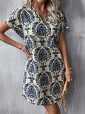 WesternStitch Ethnic Floral Print Dress, Vintage Notched Neck Short Sleeve Dress WesternStitch
