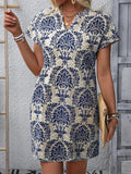 WesternStitch Ethnic Floral Print Dress, Vintage Notched Neck Short Sleeve Dress WesternStitch