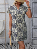 WesternStitch Ethnic Floral Print Dress, Vintage Notched Neck Short Sleeve Dress WesternStitch